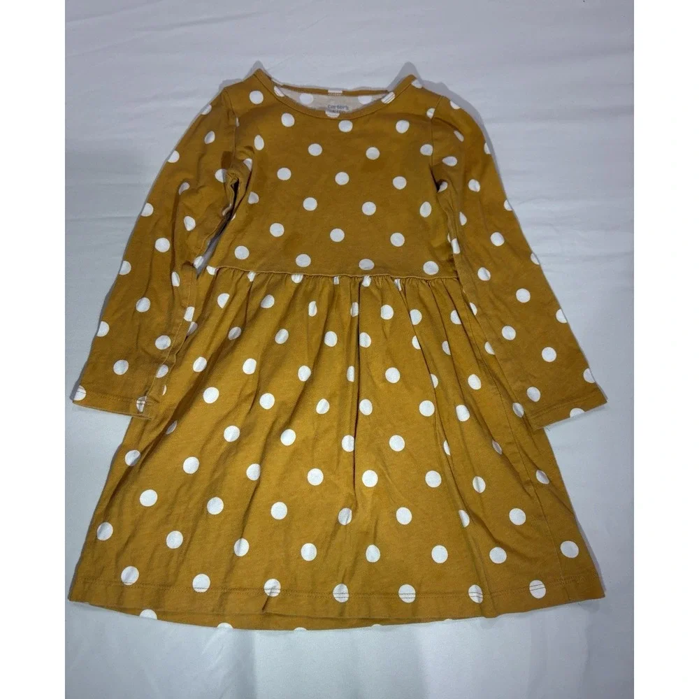 Carters Girls Yellow White Polka Dot A-Line Long Sleeve Dress Size 5 5A